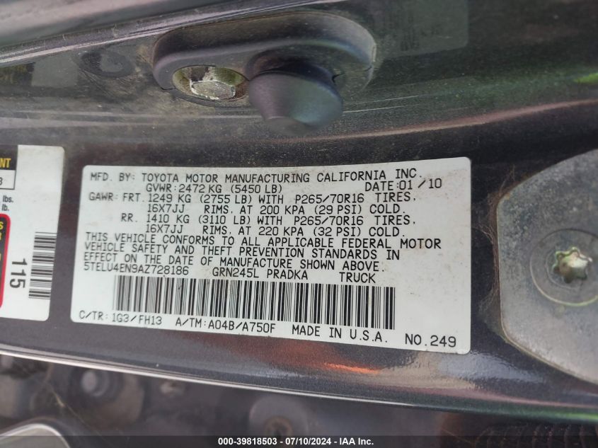 2010 Toyota Tacoma Base V6 VIN: 5TELU4EN9AZ728186 Lot: 39818503