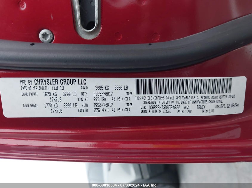 2013 Ram 1500 Laramie VIN: 1C6RR6NT3DS594622 Lot: 39818504