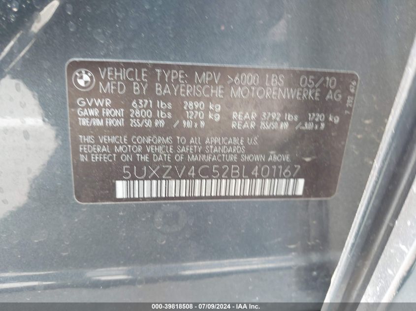 2011 BMW X5 xDrive35I/xDrive35I Premium/xDrive35I Sport Activity VIN: 5UXZV4C52BL401167 Lot: 39818508