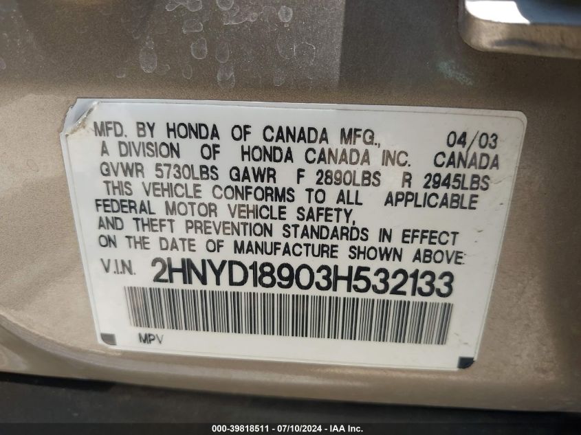 2003 Acura Mdx VIN: 2HNYD18903H532133 Lot: 39818511