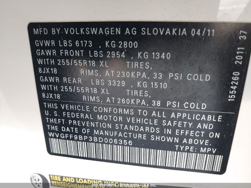 WVGFF9BP3BD006356 2011 Volkswagen Touareg Vr6 Sport