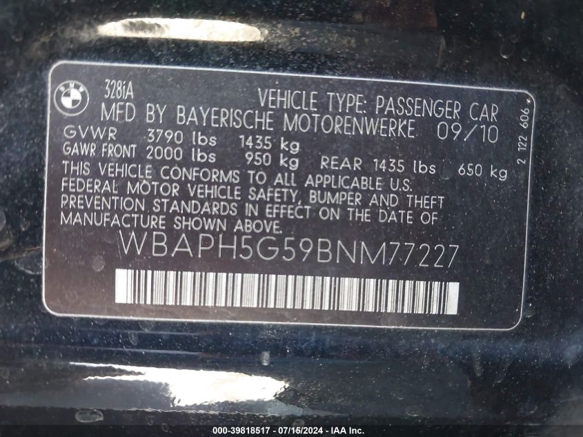 2011 BMW 328I VIN: WBAPH5G59BNM77227 Lot: 39818517