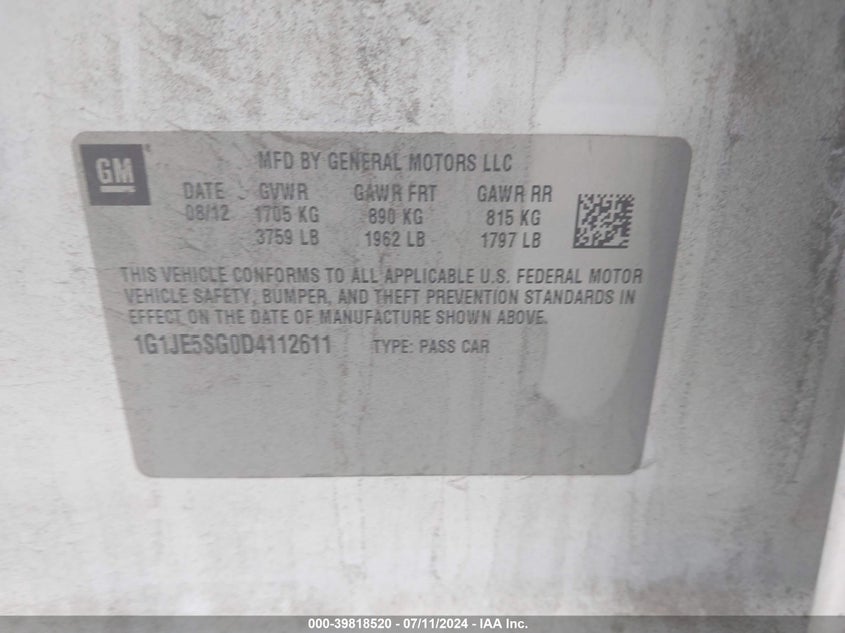 2013 Chevrolet Sonic Ltz Auto VIN: 1G1JE5SG0D4112611 Lot: 39818520