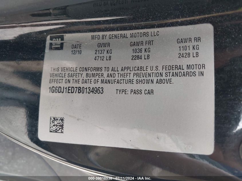 2011 Cadillac Cts Performance VIN: 1G6DJ1ED7B0134963 Lot: 39818538