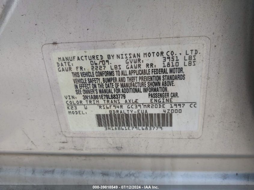 2009 Nissan Sentra 2.0S VIN: 3N1AB61E79L683779 Lot: 39818549