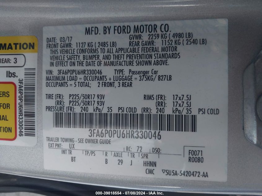 2017 FORD FUSION ENERGI SE PHEV - 3FA6P0PU6HR330046