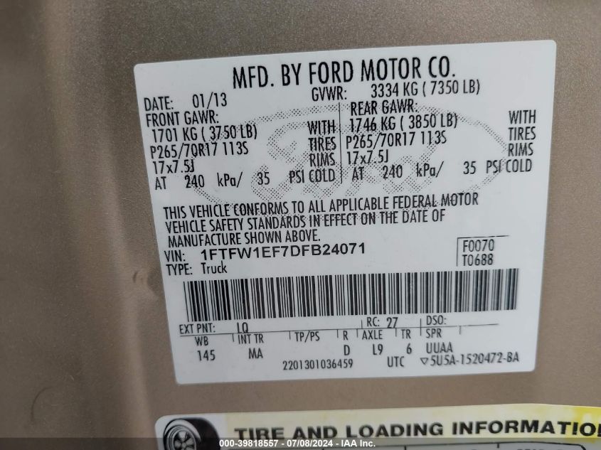 2013 Ford F-150 Xlt VIN: 1FTFW1EF7DFB24071 Lot: 39818557