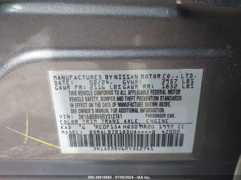 2024 Nissan Sentra S Xtronic Cvt VIN: 3N1AB8BV6RY312741 Lot: 39818565