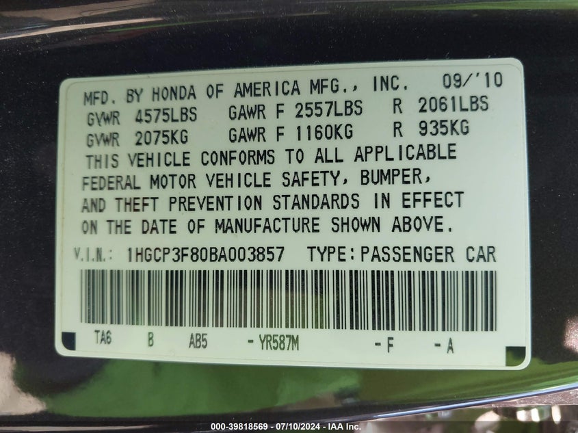 2011 Honda Accord 3.5 Ex-L VIN: 1HGCP3F80BA003857 Lot: 39818569