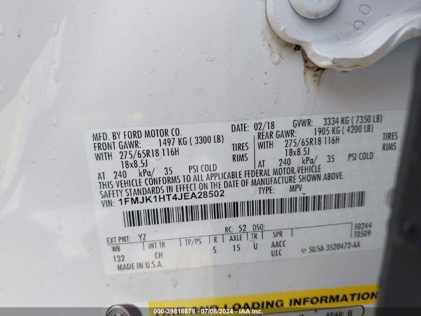 2018 Ford Expedition Max Xlt VIN: 1FMJK1HT4JEA28502 Lot: 39818578