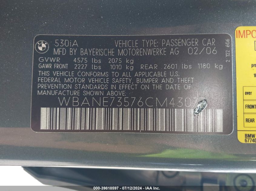2006 BMW 530I VIN: WBANE73576CM43077 Lot: 39818597