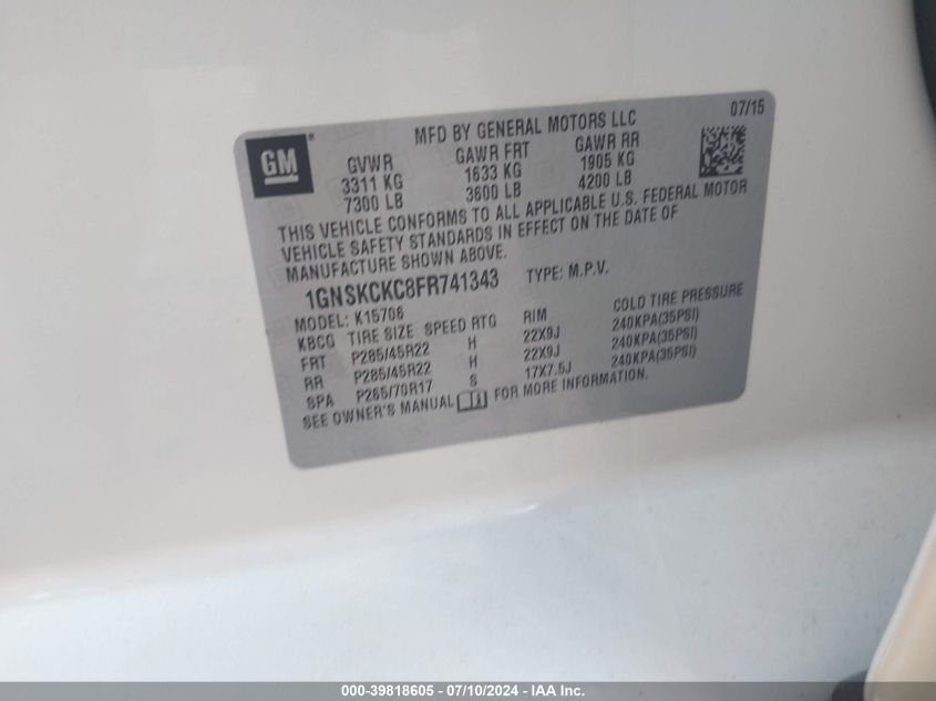 2015 Chevrolet Tahoe Ltz VIN: 1GNSKCKC8FR741343 Lot: 39818605