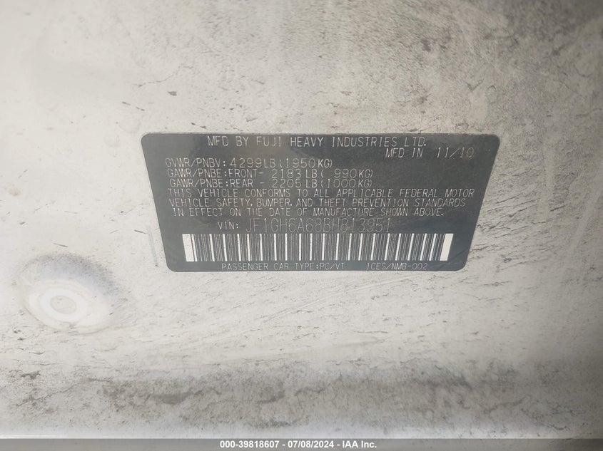 2011 Subaru Impreza 2.5I VIN: JF1GH6A68BH813951 Lot: 39818607