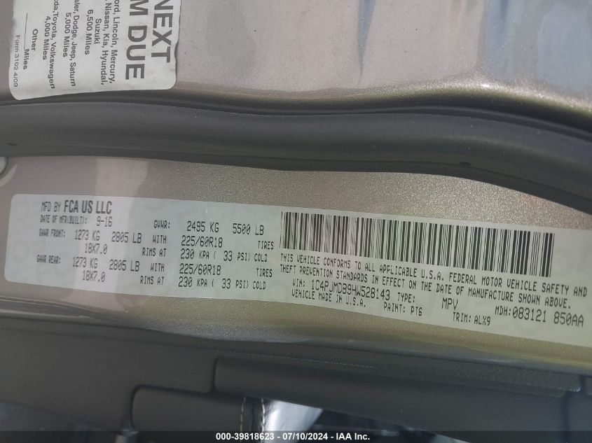 2017 Jeep Cherokee Limited 4X4 VIN: 1C4PJMDB9HW528143 Lot: 39818623