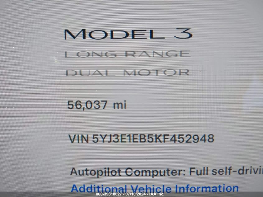 2019 Tesla Model 3 VIN: 5YJ3E1EB5KF452948 Lot: 39818627