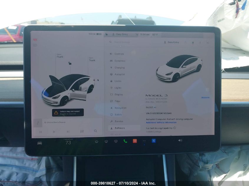 2019 Tesla Model 3 VIN: 5YJ3E1EB5KF452948 Lot: 39818627