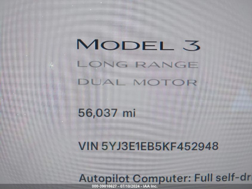 2019 Tesla Model 3 VIN: 5YJ3E1EB5KF452948 Lot: 39818627