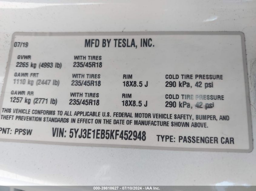 2019 Tesla Model 3 VIN: 5YJ3E1EB5KF452948 Lot: 39818627