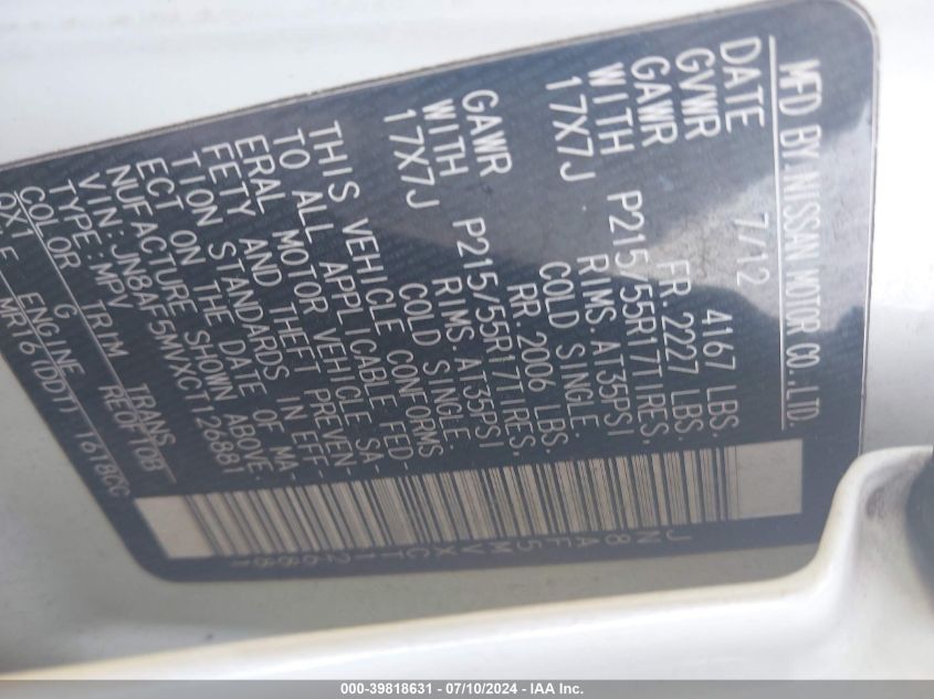 2012 Nissan Juke S/Sv/Sl VIN: JN8AF5MVXCT126881 Lot: 39818631