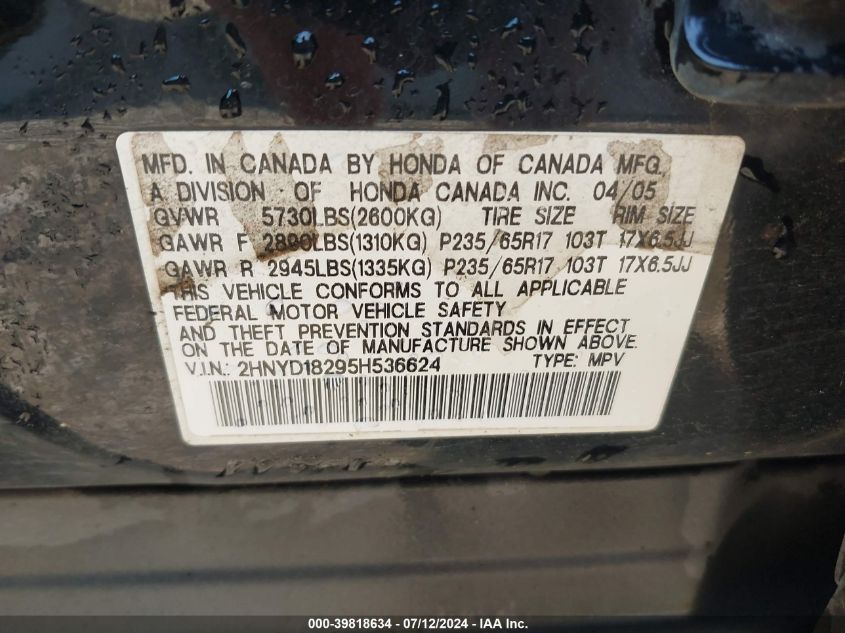 2005 Acura Mdx VIN: 2HNYD18295H536624 Lot: 39818634