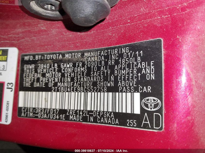2011 Toyota Corolla S/Le VIN: 2T1BU4EE9BC552758 Lot: 39818637