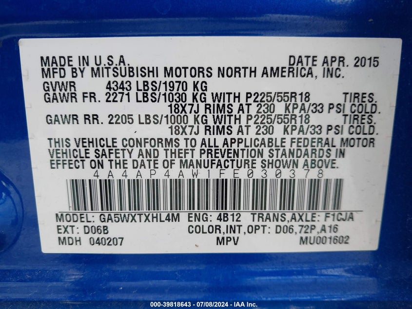 2015 MITSUBISHI OUTLANDER SPORT GT - 4A4AP4AW1FE030378