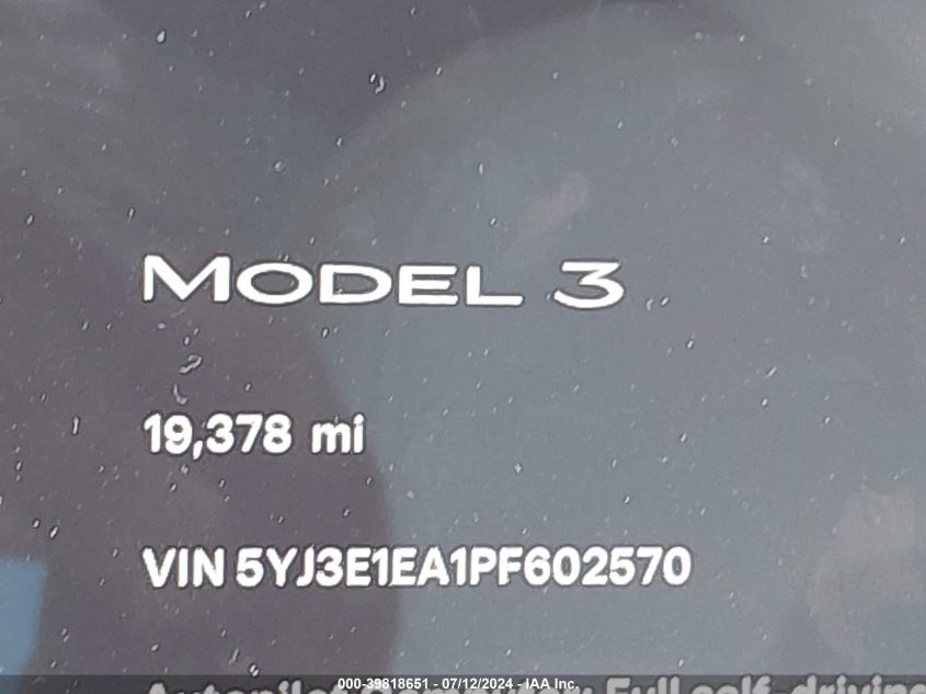 2023 Tesla Model 3 VIN: 5YJ3E1EA1PF602570 Lot: 39818651