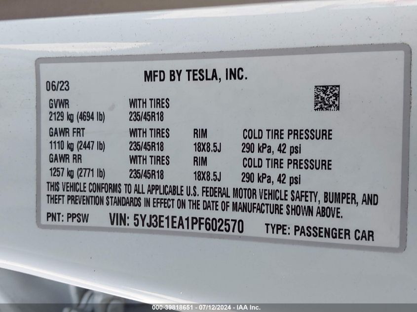 2023 Tesla Model 3 VIN: 5YJ3E1EA1PF602570 Lot: 39818651