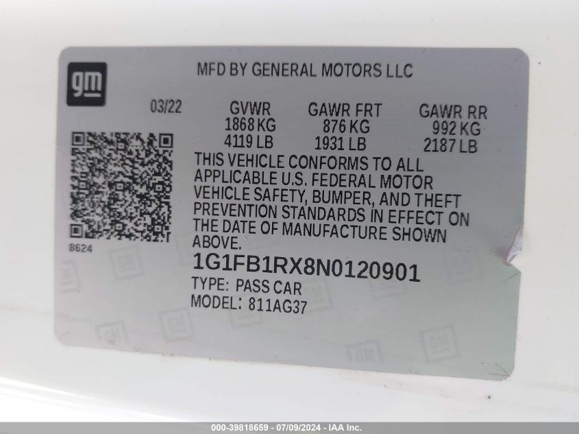 2022 Chevrolet Camaro Rwd 1Lt VIN: 1G1FB1RX8N0120901 Lot: 39818659