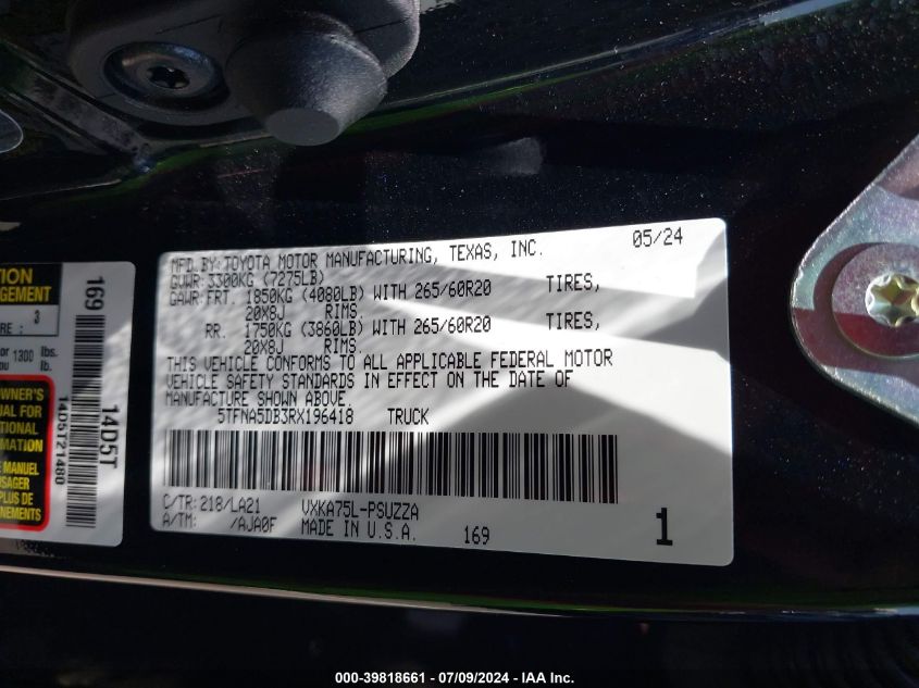 2024 Toyota Tundra Platinum VIN: 5TFNA5DB3RX196418 Lot: 39818661