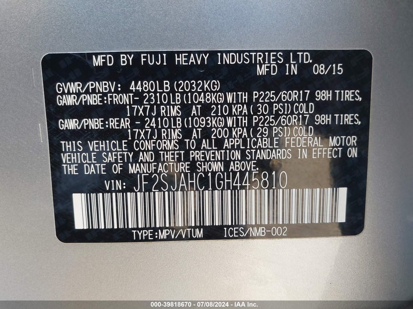 2016 Subaru Forester 2.5I Limited VIN: JF2SJAHC1GH445810 Lot: 39818670