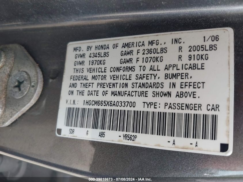 2006 Honda Accord 3.0 Ex VIN: 1HGCM665X6A033700 Lot: 39818673