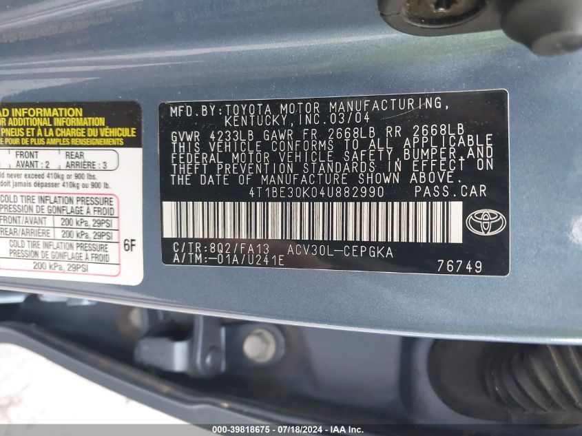 2004 Toyota Camry Le/Xle/Se VIN: 4T1BE30K04U882990 Lot: 39818675