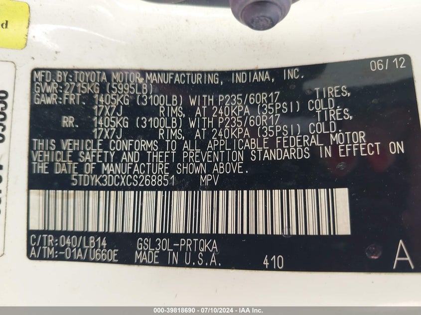 2012 Toyota Sienna Xle V6 8 Passenger VIN: 5TDYK3DCXCS268851 Lot: 39818690