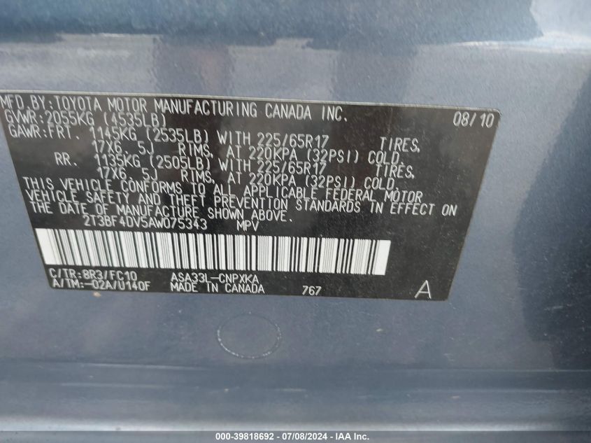 2010 Toyota Rav4 VIN: 2T3BF4DV5AW075343 Lot: 39818692