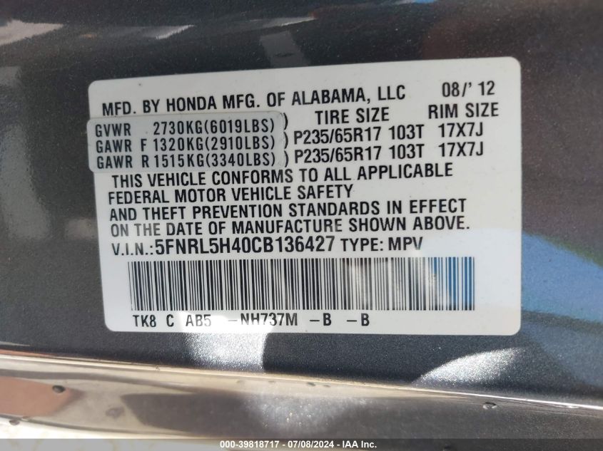 2012 Honda Odyssey Ex VIN: 5FNRL5H40CB136427 Lot: 39818717
