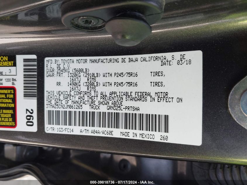 2018 Toyota Tacoma Dbl Cab/Sr5/Trd Sport/Or VIN: 3TMAZ5CN2JM061265 Lot: 39818736