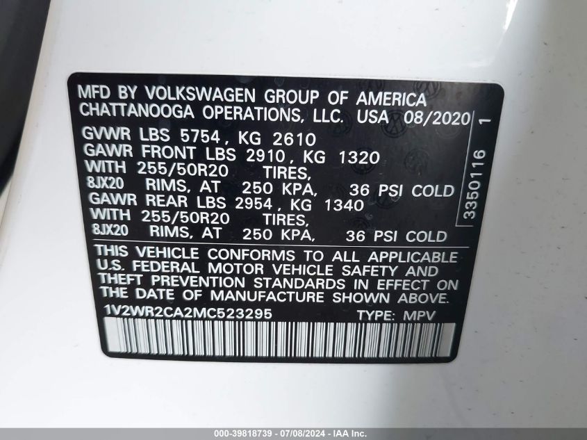 2021 Volkswagen Atlas Se VIN: 1V2WR2CA2MC523295 Lot: 39818739