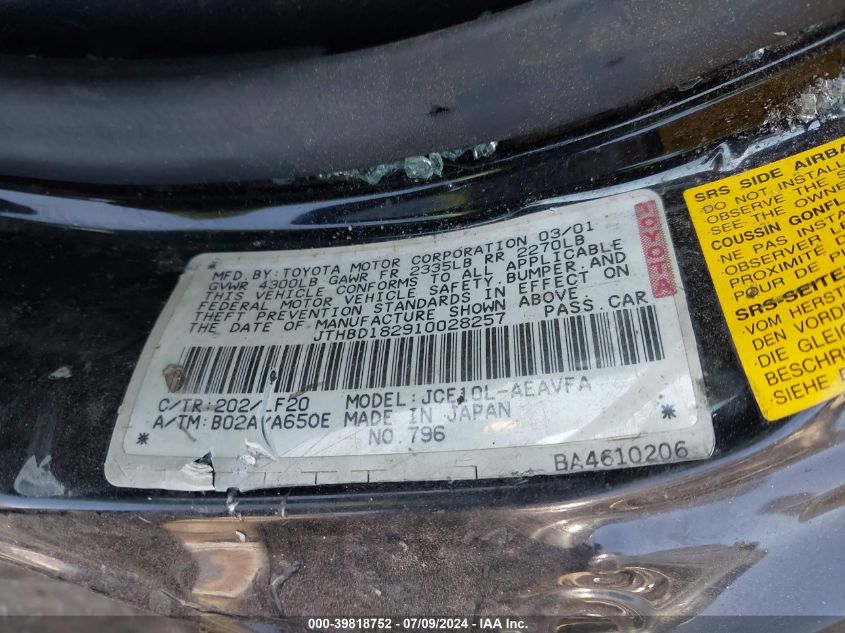 2001 Lexus Is 300 VIN: JTHBD182910028257 Lot: 39818752