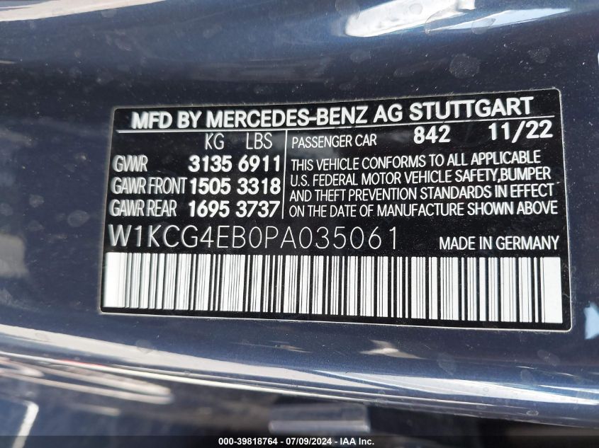 2023 Mercedes-Benz Eqs 580 4Matic VIN: W1KCG4EB0PA035061 Lot: 39818764