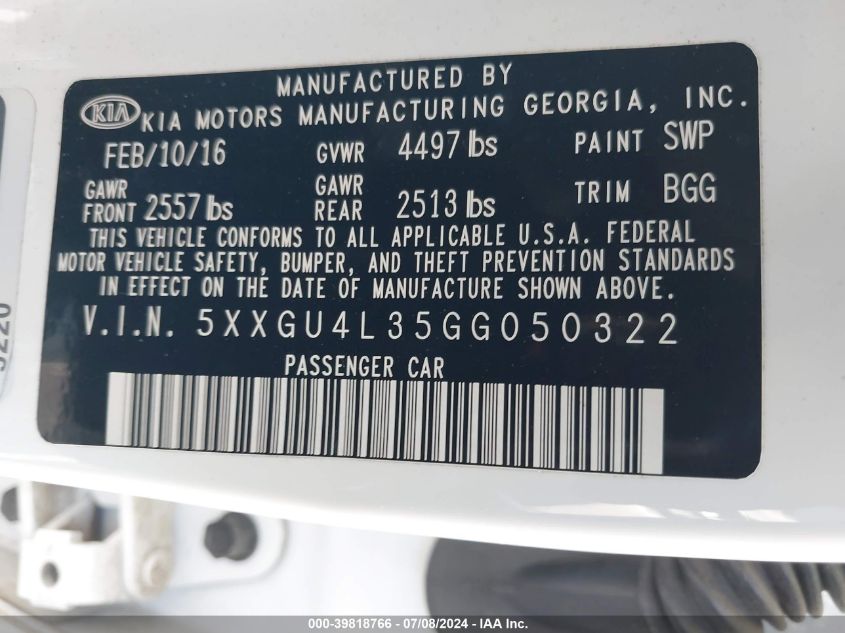 2016 Kia Optima Ex VIN: 5XXGU4L35GG050322 Lot: 39818766