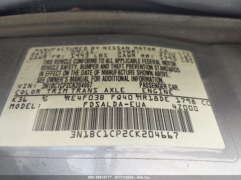 2012 Nissan Versa 1.8 S VIN: 3N1BC1CP2CK204667 Lot: 39818777