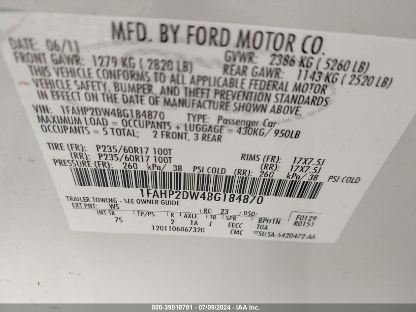 2011 Ford Taurus Se VIN: 1FAHP2DW4BG184870 Lot: 39818781