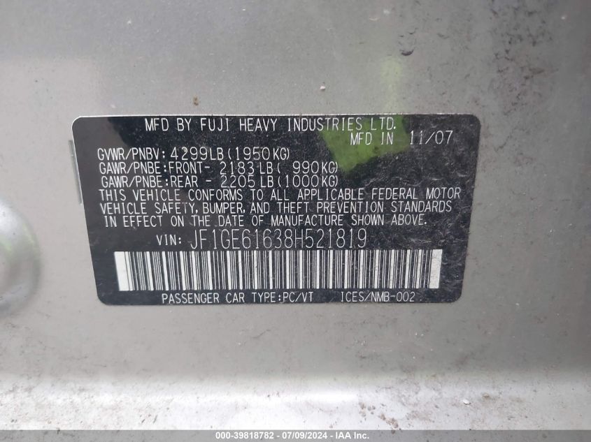 2008 Subaru Impreza 2.5I VIN: JF1GE61638H521819 Lot: 39818782