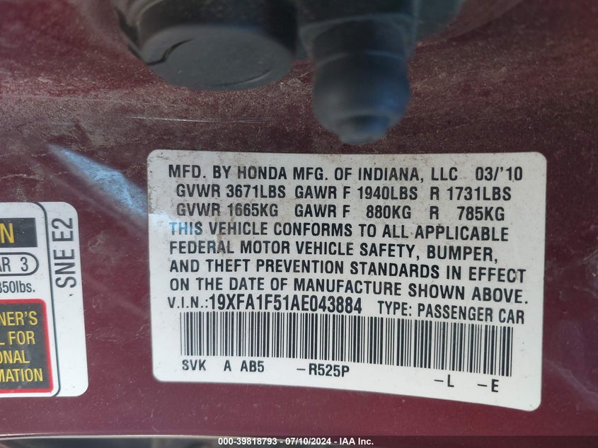 2010 Honda Civic Lx VIN: 19XFA1F51AE043884 Lot: 39818793