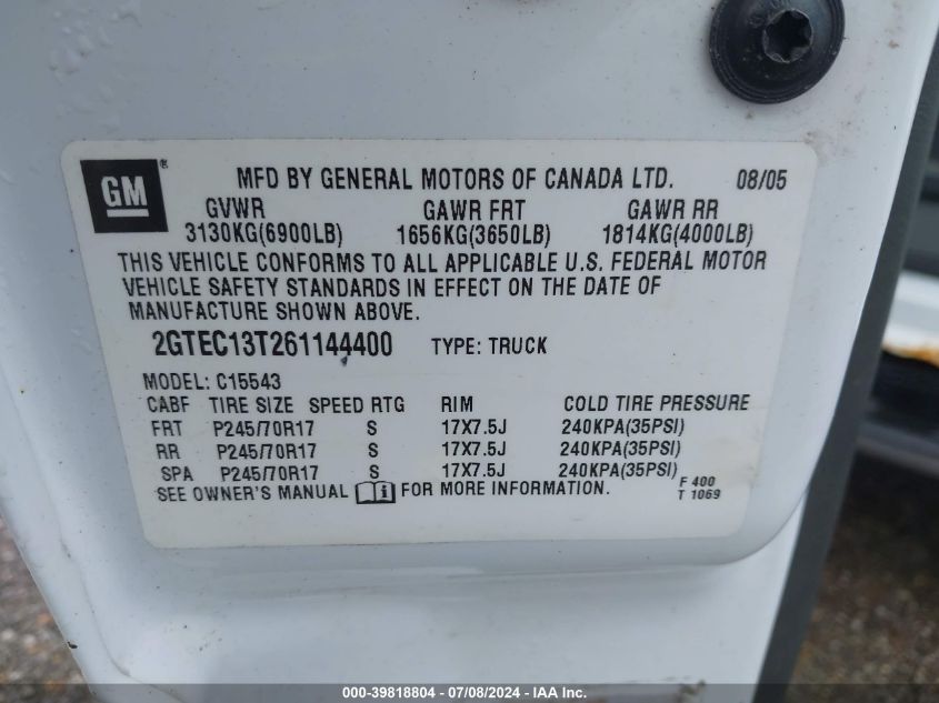 2006 GMC Sierra 1500 Slt VIN: 2GTEC13T261144400 Lot: 39818804