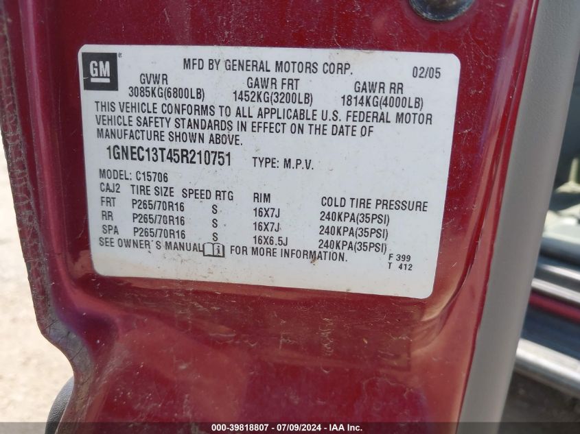2005 Chevrolet Tahoe Ls VIN: 1GNEC13T45R210751 Lot: 39818807