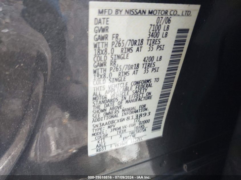 2006 Infiniti Qx56 VIN: 5N3AA08CX6N813893 Lot: 39818816