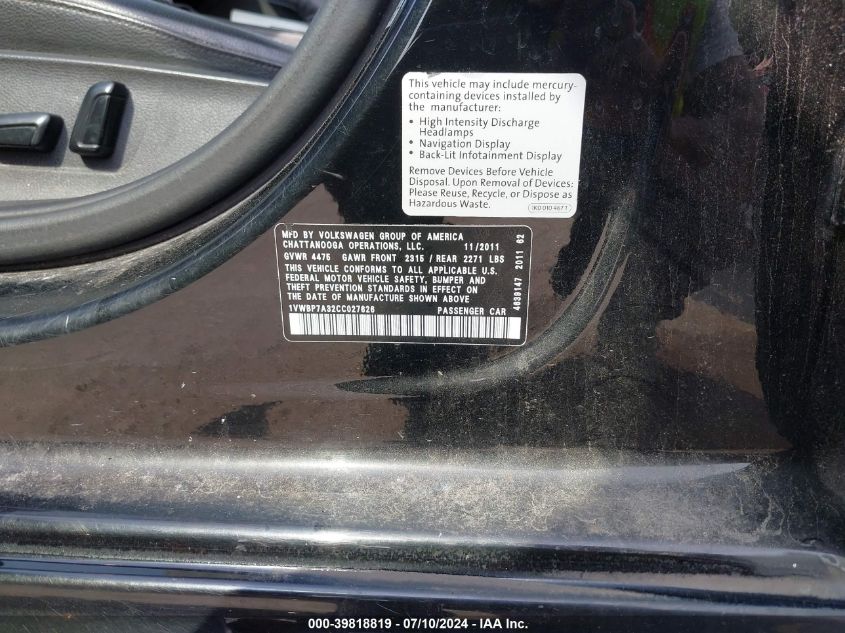 2012 Volkswagen Passat 2.5L Se VIN: 1VWBP7A32CC027626 Lot: 39818819
