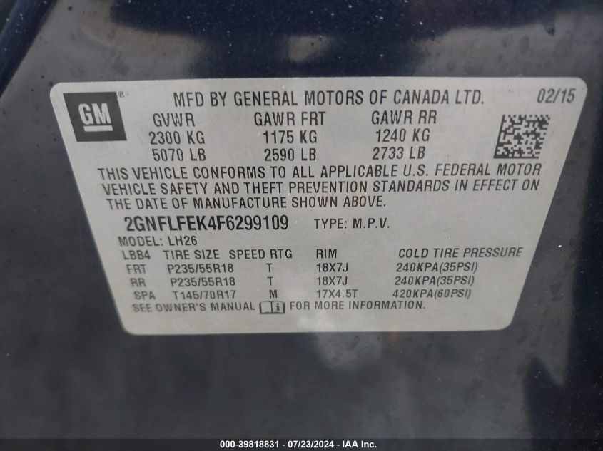 2015 Chevrolet Equinox Lt VIN: 2GNFLFEK4F6299109 Lot: 39818831